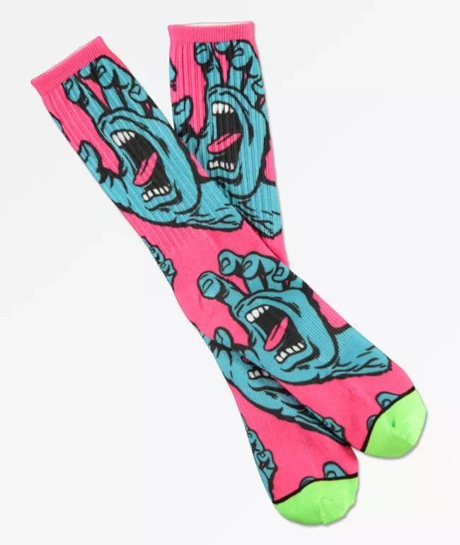 Santa Cruz Hands Allover Pink & Green Crew Socks - Johno's Skate
