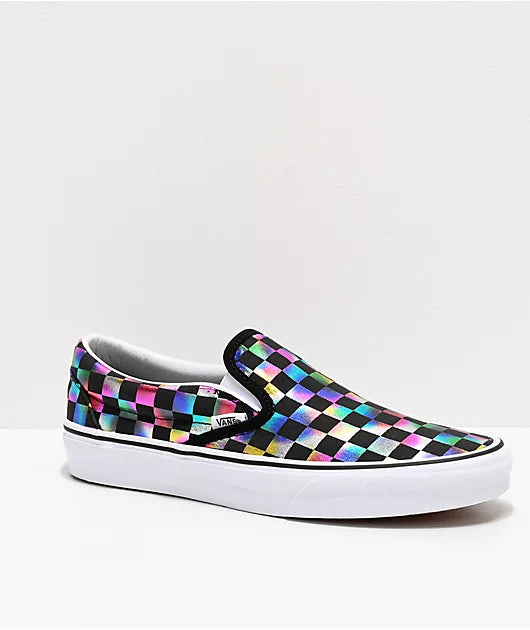 Vans Slip-On Iridescent White Checkerboard Skate Shoes